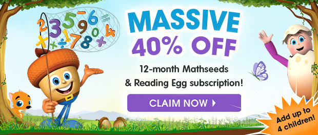 MASSIVE 40% OFF a 12-Month Subscription. Reading Eggs and Mathseeds. Includes up to 4 children. Claim Now